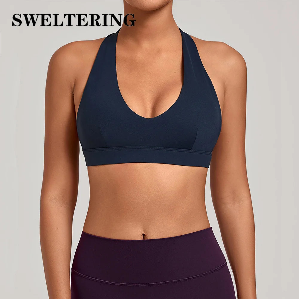 Women Halter Strap Yoga Bra Shockproof Fitness Running Bras Outdoor Sports Underwear Female Gym Workout Top Running Sports Bra - ATFH