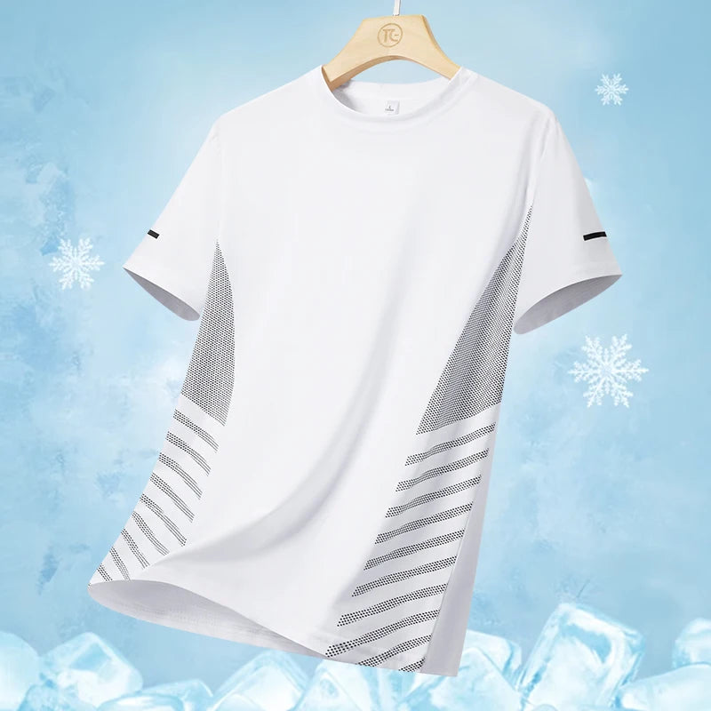 Running T-shirt Men Summer Ice Silk Thin Top Reflective Printing Quick Dry Short Sleeve Breathable Fitness Sports T-shirt 5XL ATFH