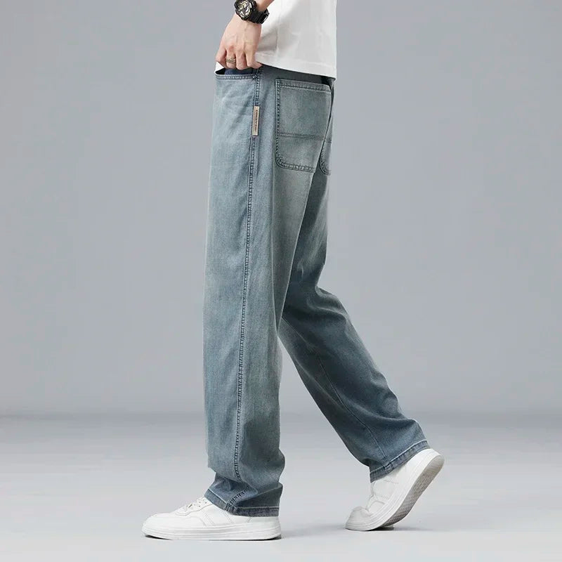 2026 New Summer Ultra-thin Lyocell Men's Jeans Drape Soft Fabric Loose Straight Casual Denim Pant Elastic Ice Silk Male Trousers ATFH