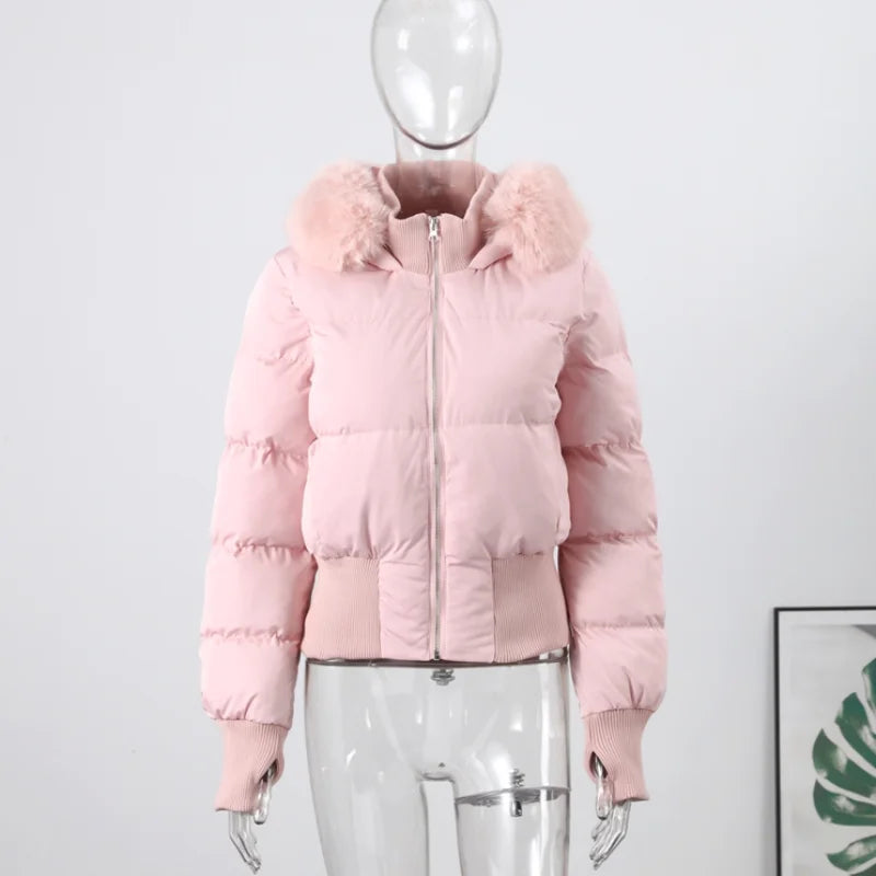 Fashion Faux Fur Hooded Cotton Jacket For Women Elegant Long Sleeve Zipper Coat Female 2026 Autumn Winter Warm Thicken Outerwear