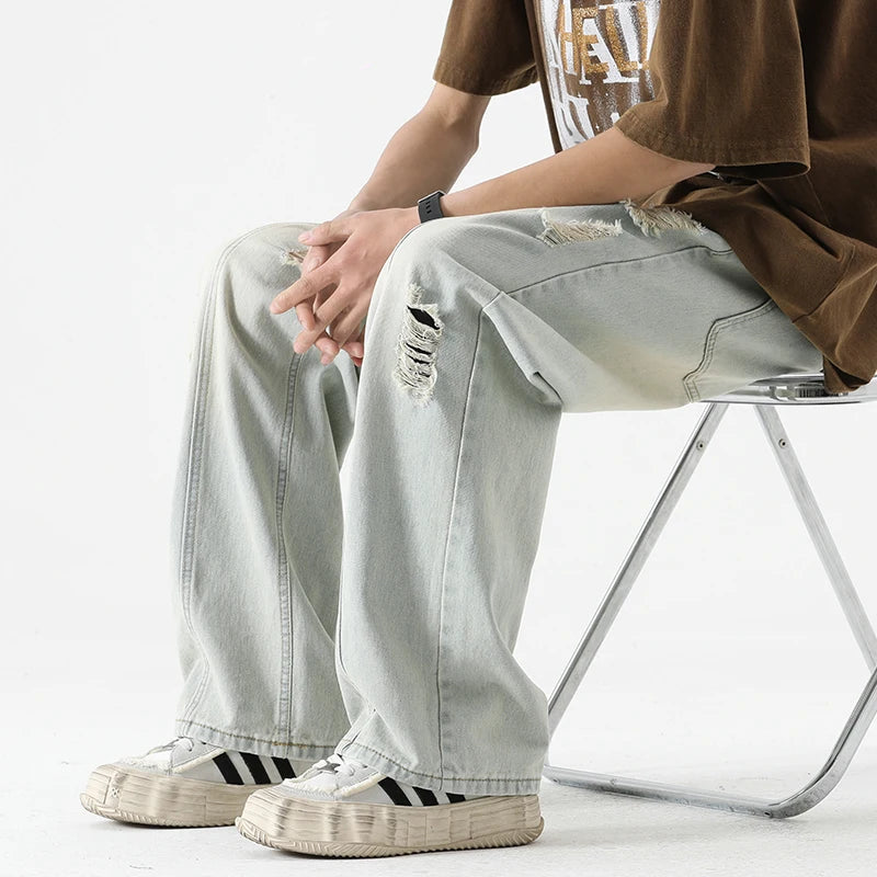 Men's Summer Ripped Jeans Loose Straight Leg Retro Men Draw Rope Port Fashion Brand All-match Casual Pants ATFH