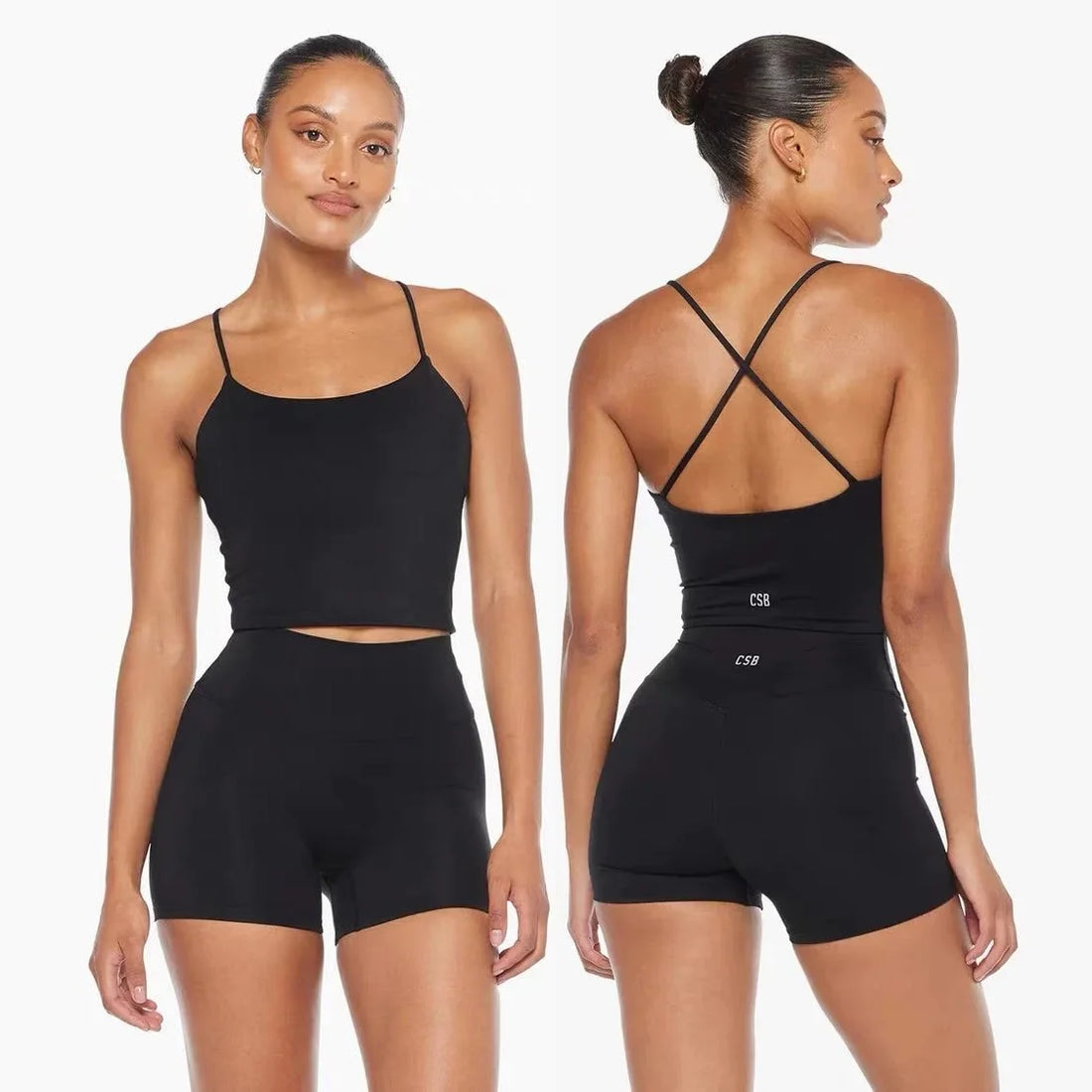 2026CSB Criss Cross Back Padded Cami Tank Top High Waist Biker Shorts Leggings Women Gym Pilates Workout Yoga Active Sportswear