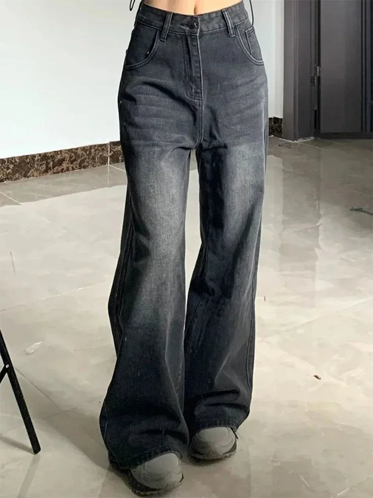 Botvotee Vintage Women's Black Grey High Waist Jeans Y2K Fashion Baggy Loose Straight Wide Leg Baggy Denim Trousers Pants