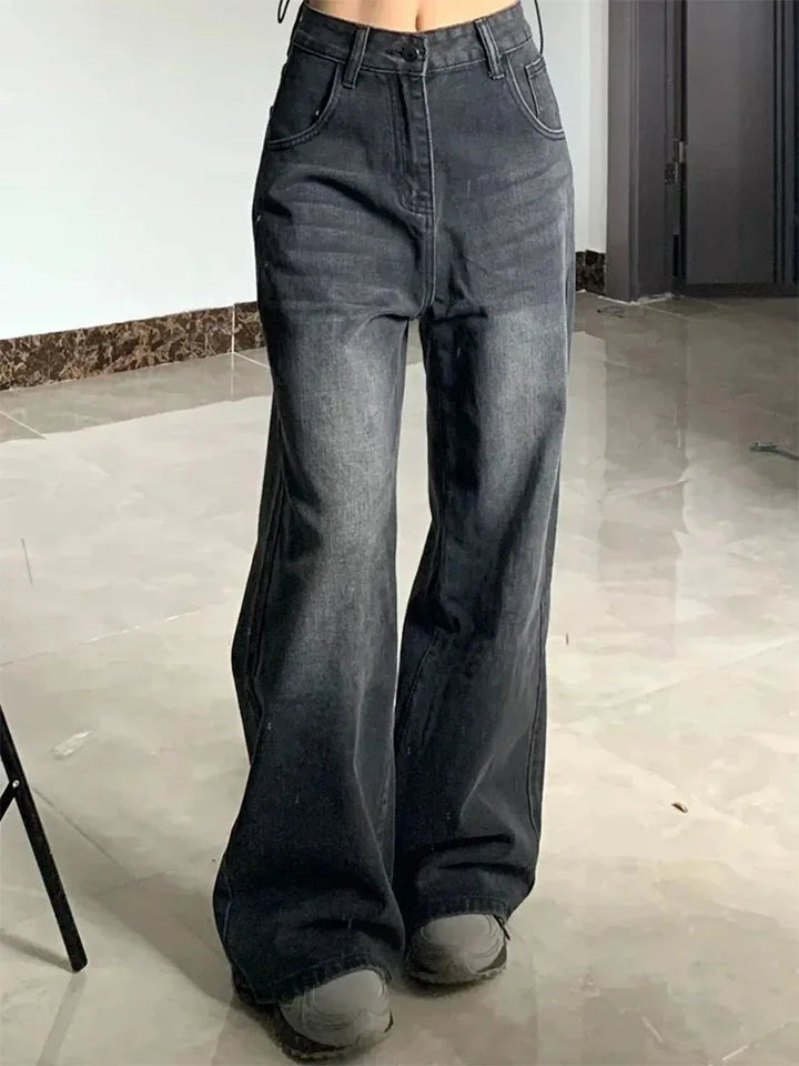 Botvotee Vintage Women's Black Grey High Waist Jeans Y2K Fashion Baggy Loose Straight Wide Leg Baggy Denim Trousers Pants