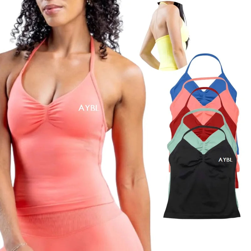 Fashion Enhance Seamless Halterneck Top Yoga Sports Bras Set Scrunch Bum Gym Shorts Women Workout Biker Stretch Fitness Leggings Tahsi Fashion House