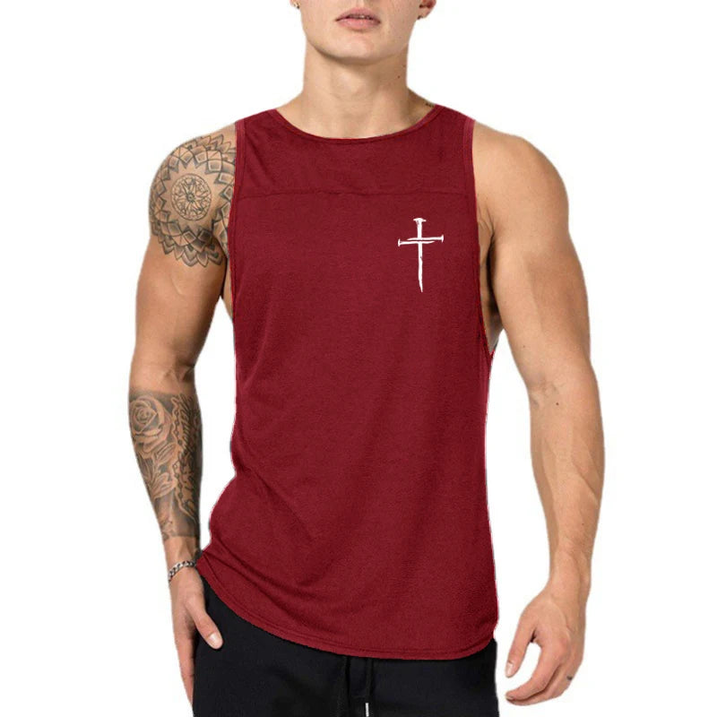 Personalized Cross Print Gym Bodybuilding Sleeveless Stringer Tank Tops Cotton Breathable Cool Mens Fitness Casual Loose Shirts