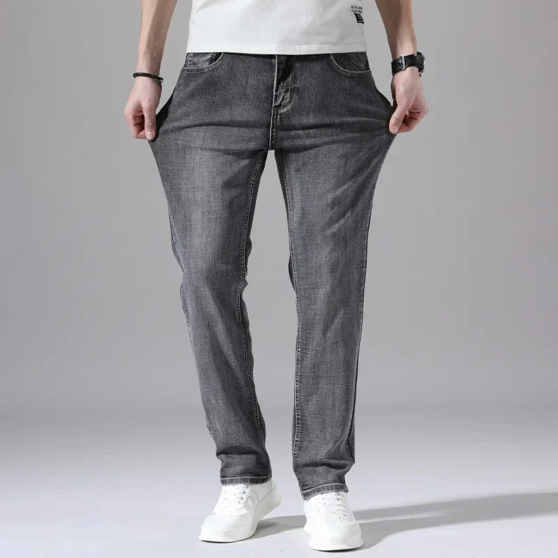 2026 Cotton Stretch Jeans Business Casual Men's Thin Denim Jeans Grey Spring Summer Brand New Fit Straight Lightweight ATFH