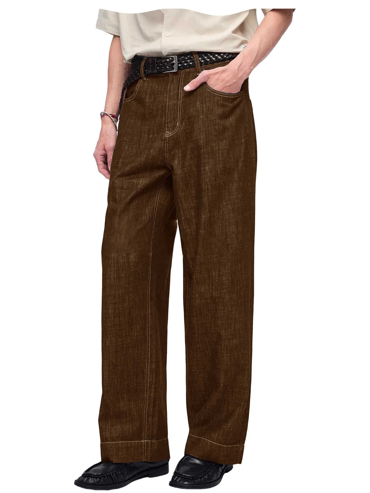 Retro Men's High Waist Wide Leg Jeans Loose Fit Denim Pants Breathable Casual Stretchy Heavyweight Cotton Y2K Baggy Trousers ATFH