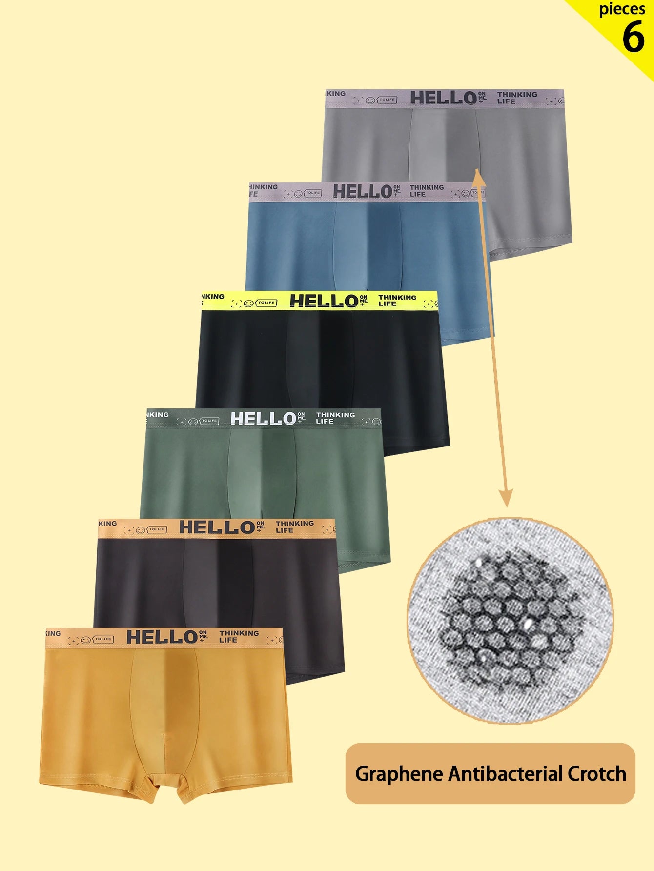6-pcs HELLO Men's Boxer Briefs, Cool Ice Silk Graphene Antibacterial Crotch, Breathable, Soft and Comfortable Quick-drying Stret