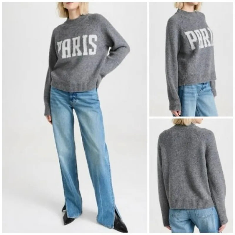 Paris Intarsia-Knit Sweater Pullover Gray Winter Clothes new Designer Fashion Pullovers Sweater streetwear winter women tops - ATFH