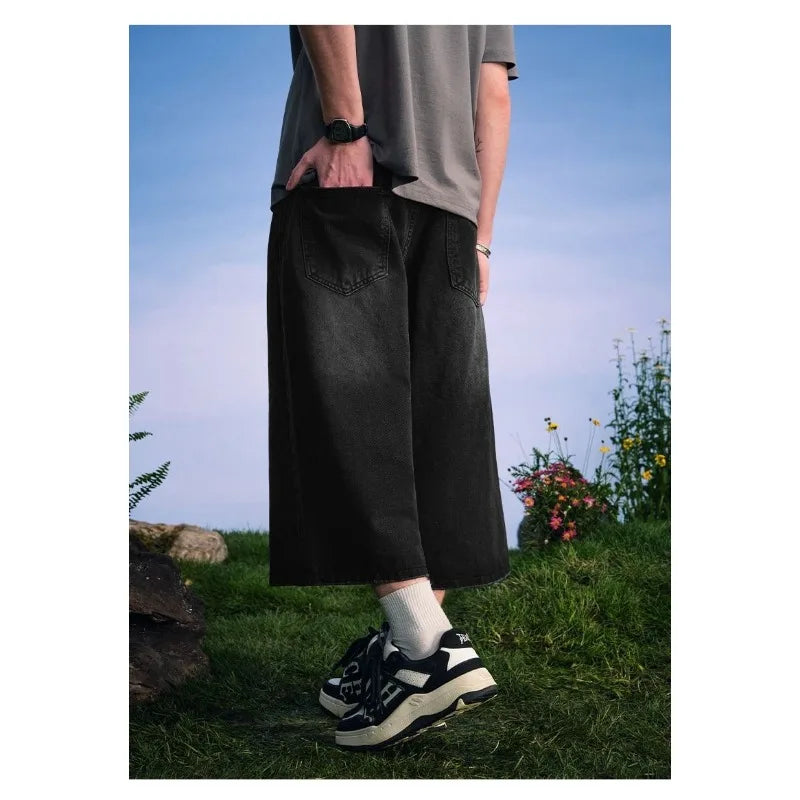 Men's 2026 Summer American High Street Retro Gradient Washed Denim Shorts Lazy Youth Trendy Ins New Versatile Casual Capri Pants ATFH