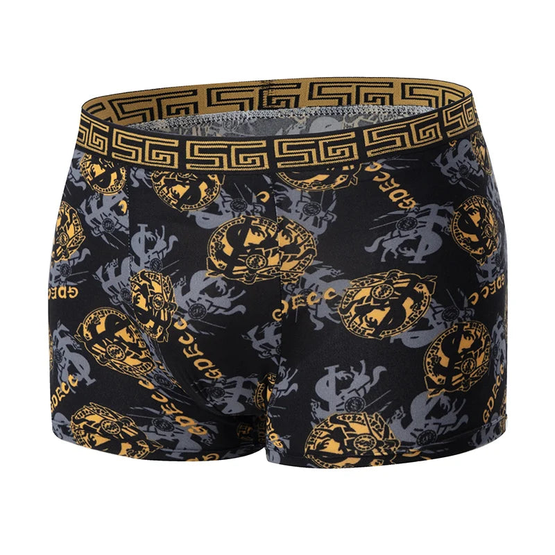 5-piece Set Of Black Gold Printed Men's Underwear Quick Drying Breathable Comfortable Elastic Casual Fashionable And Trendy