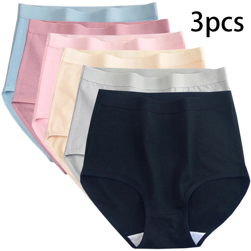 3pcs Cotton Women Panties Lady Plus Size Underwear Large Size High Waist Briefs Breathable Solid Color Female Lingerie
