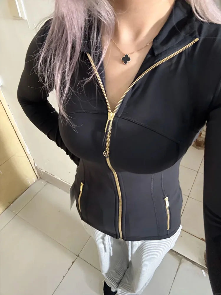 Gold zipper version women's yoga jacket, sports stand-up collar jacket, fitness slimming top