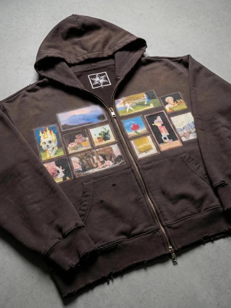 Y2K Retro Gallery Hoodie Brown Pixel Painting Art Pattern Zip Up Sweatshirt Trendy Classic Streetwear Unisex Oversize Clothing - ATFH