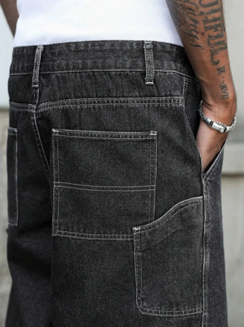 Men's Summer Black-Grey Loose Baggy Denim Shorts ATFH