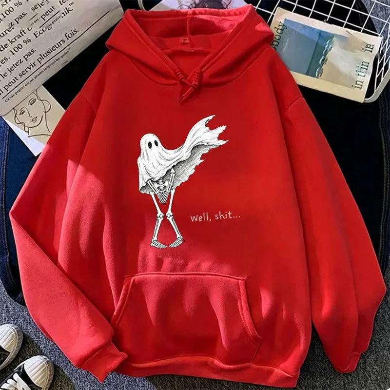 Funny Skeleton Ghost Women Hoodie Well Shit Graphic Hooded Sweatshirt Streetwear Punk Gothic Halloween Spooky Season Hoodie Gift