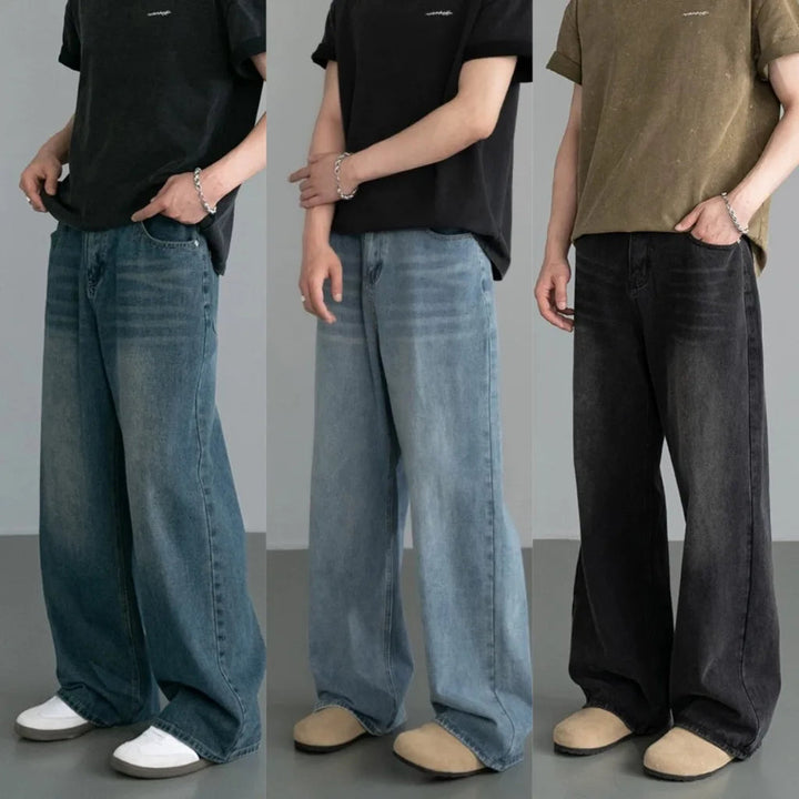 Spring Autumn Men's New Denim Pants Old Blue Washed Casual Jeans Menwear Loose New Fashion contrasting color Wide Leg Trousers ATFH
