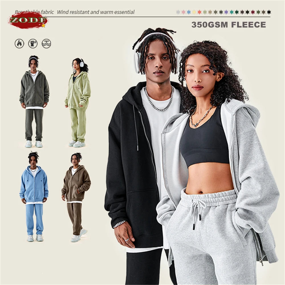 ZODF Basic Winter Men Fleece Zipper Hoodies Unisex Casual Loose 350gsm Warm Solid Hooded Sweatshirts Coats 18 Colors HY0726 - ATFH