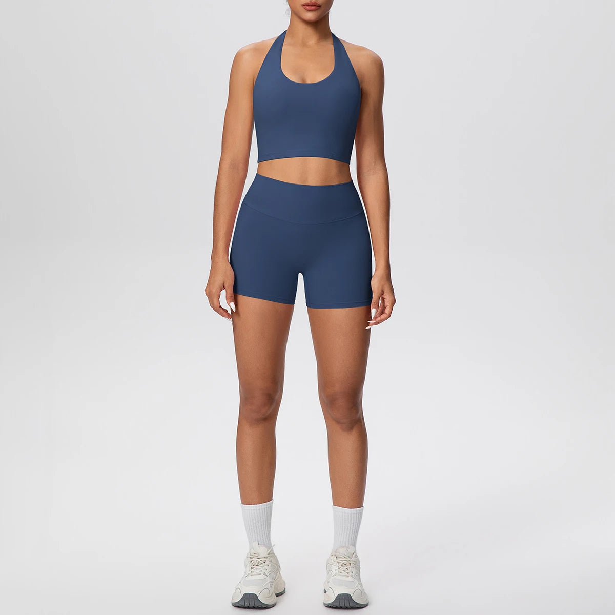 2picese Women Yoga Suit Solid Color High Waist Hip Push Up Fitness Shorts Sexy Pilates Backless Gym Hanging Neck Bra Yoga Set