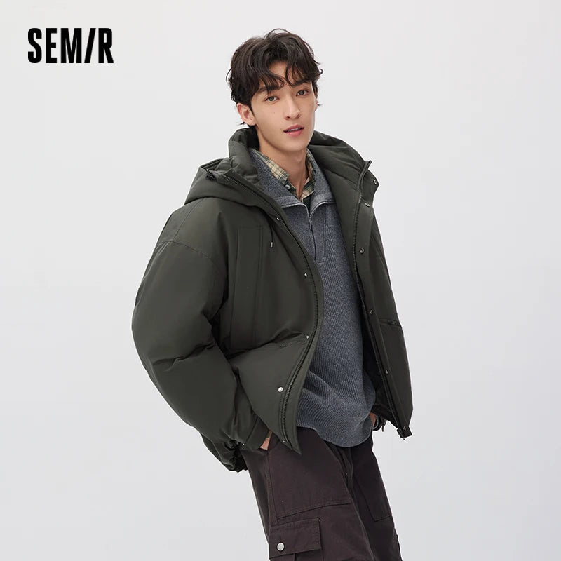 Semir Men Down Jacket 80 Percent Down Fill Drawstring Hooded Solid Color Workwear Large Pocket 2026 New Winter Daily Wear