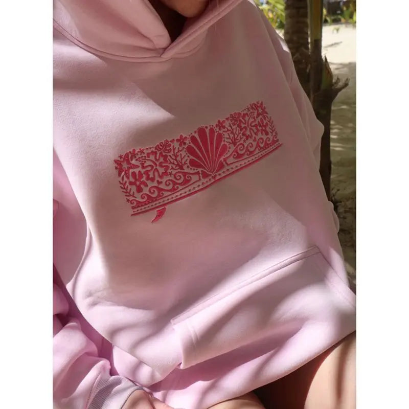Women Autumn Winter Loose Fit Hooded Pullover Tops Y2K Flower Embroidered Oversized Sweatshirts with Kangaroo Pocket Streetwear - ATFH