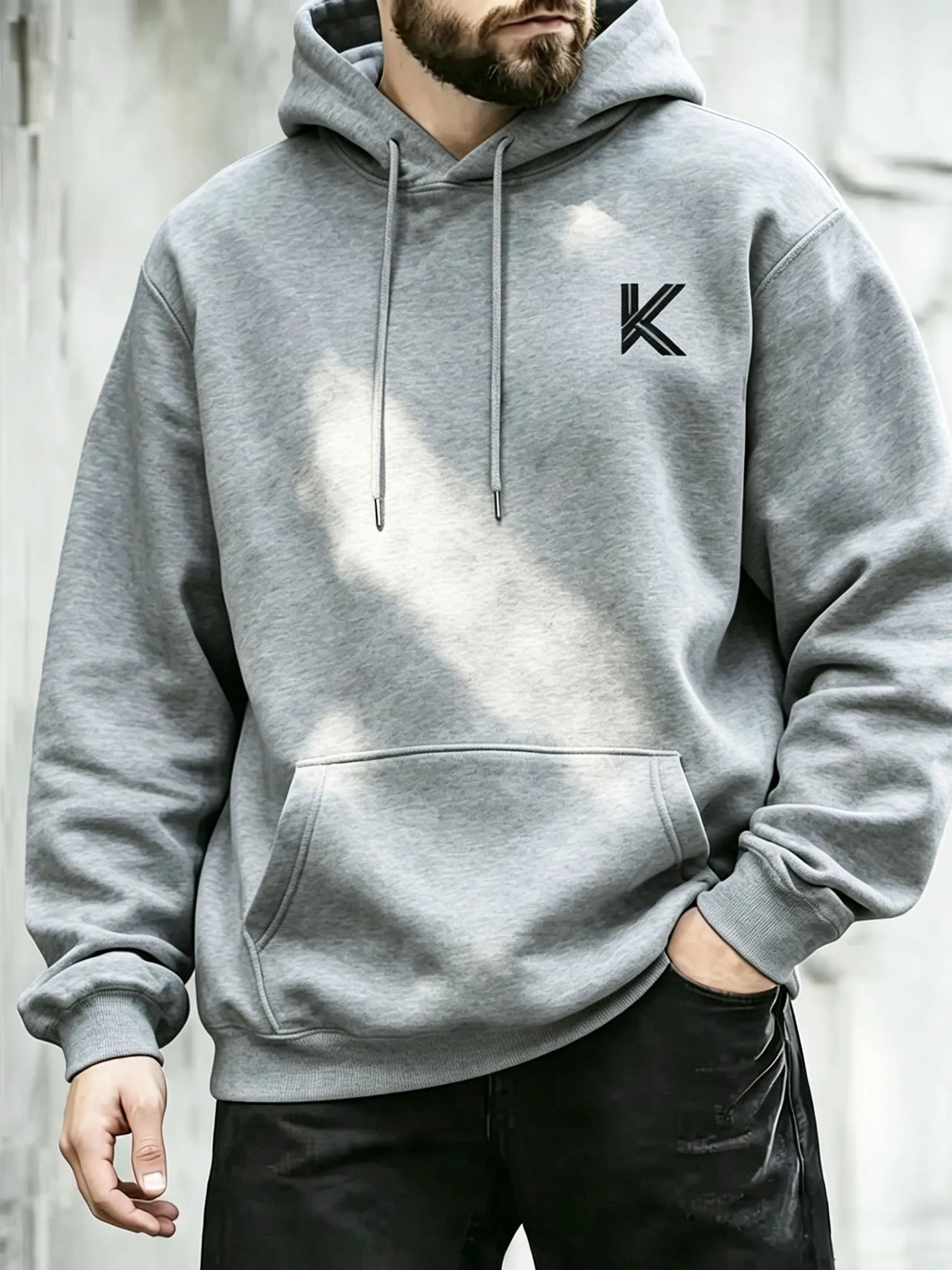 Autumn Winter Men Women Loose Hooded Sweatshirt Simple K Letter Chest Print Long Sleeve Pocket Hoodie Daily Streetwear Pullover