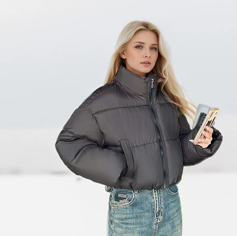 2024 Women's Winter Puffer Jacket Stand-up Collar Cropped Quilted Jacket Splashproof Water Repellent Windproof Down Cotton Coat