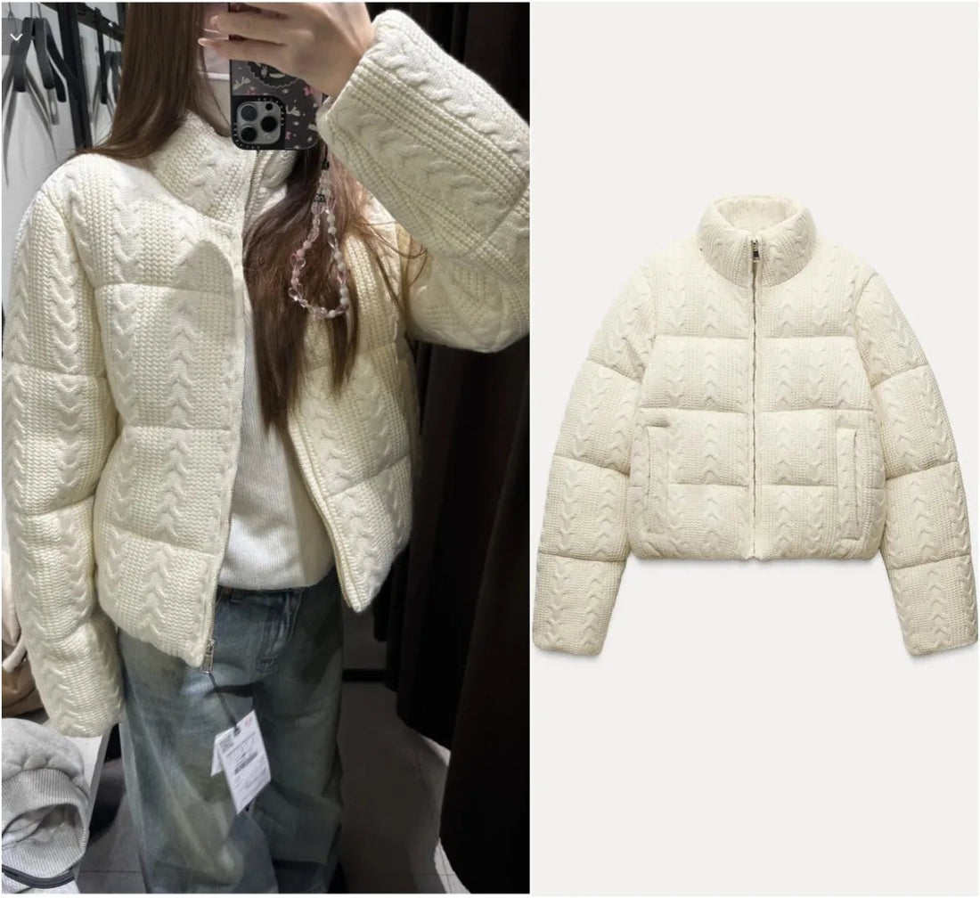 ETJ 2025 Winter new  women's fresh and elegant white turtleneck knitted thick cotton jacket warm bread jacket 6318229 ATFH
