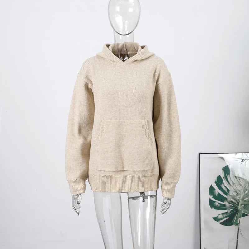 Knit Hooded Pullovers Women's Loose Solid Full Sleeve Pockets Sweaters 2025 Autumn Winter New Lady All-match Tops Streetwear - ATFH