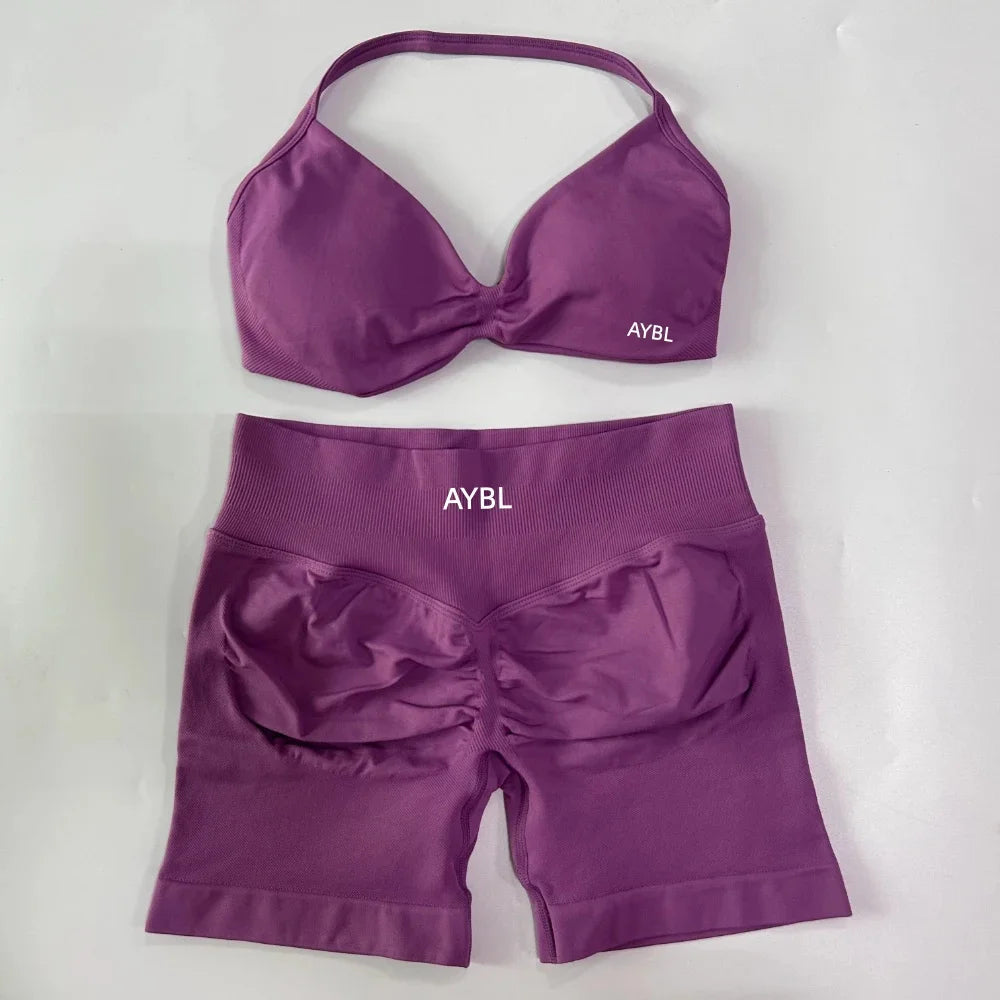 Trendy 2PCS Gym Set Women Strappy Yoga Bra Top High Waist Workout Scrunch Shorts Sports Suit Seamless Yoga Set Fitness Clothes Tahsi Fashion House