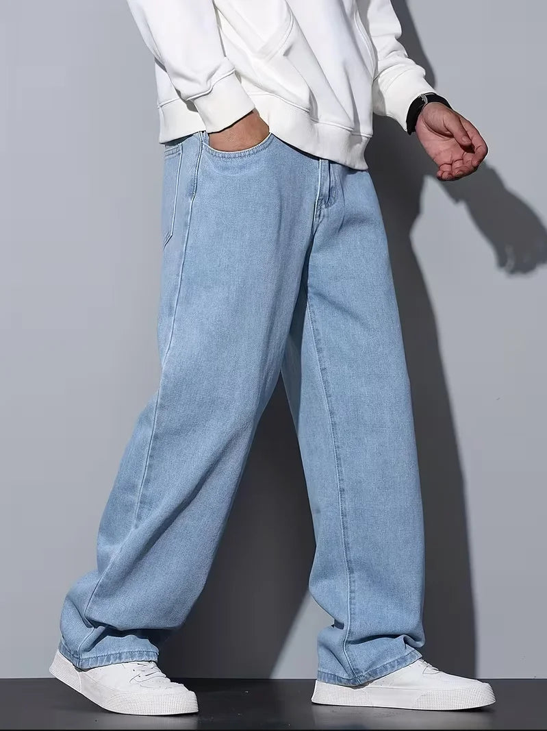 Men's Straight Leg Jeans, Loose Casual Trousers, Soft Cotton Casual Pants ATFH
