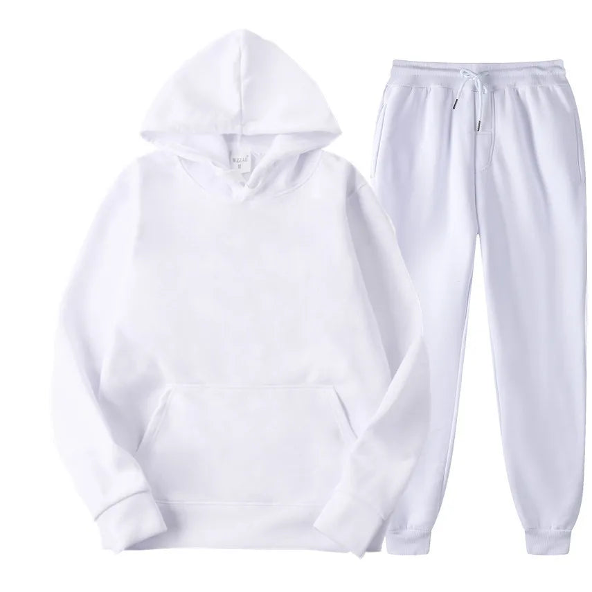 Autumn/Winter New Men's Solid Color Hoodie+Sports Pants Two Piece Outdoor Casual Fashion Loose Large Sports Set - ATFH