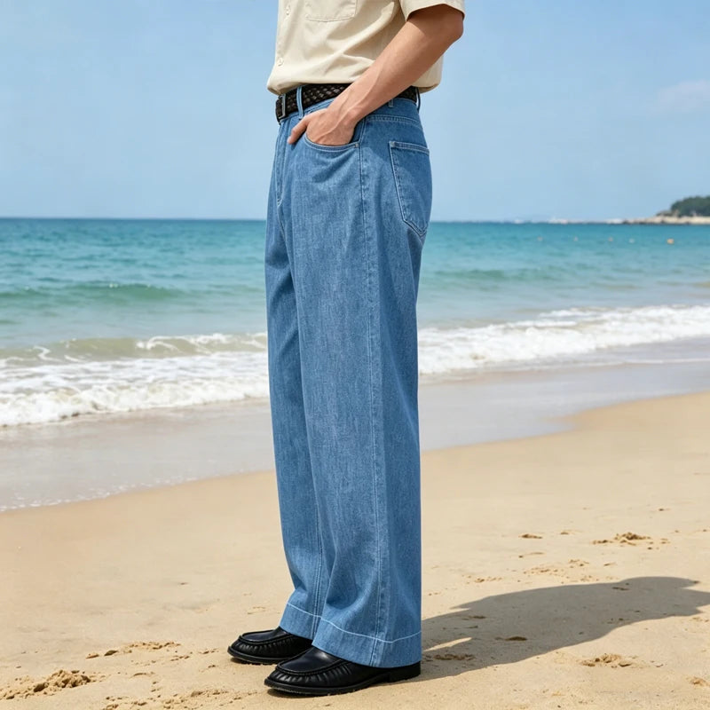 Retro Men's High Waist Wide Leg Jeans Loose Fit Denim Pants Breathable Casual Stretchy Heavyweight Cotton Y2K Baggy Trousers ATFH