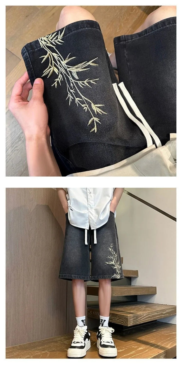 Men's 2026 Summer Retro Washed New Chinese Style Embroidered Denim Shorts Thin Loose Plus Size Streetwear 5-Pocket Capri Pants ATFH