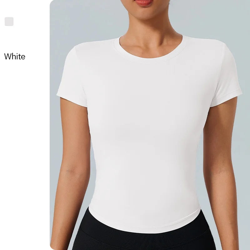 Women's Outdoor Fitness Yoga Top Round-Neck Short Sleeve Quick-Dry Compression T-Shirt for Running and Yoga - ATFH