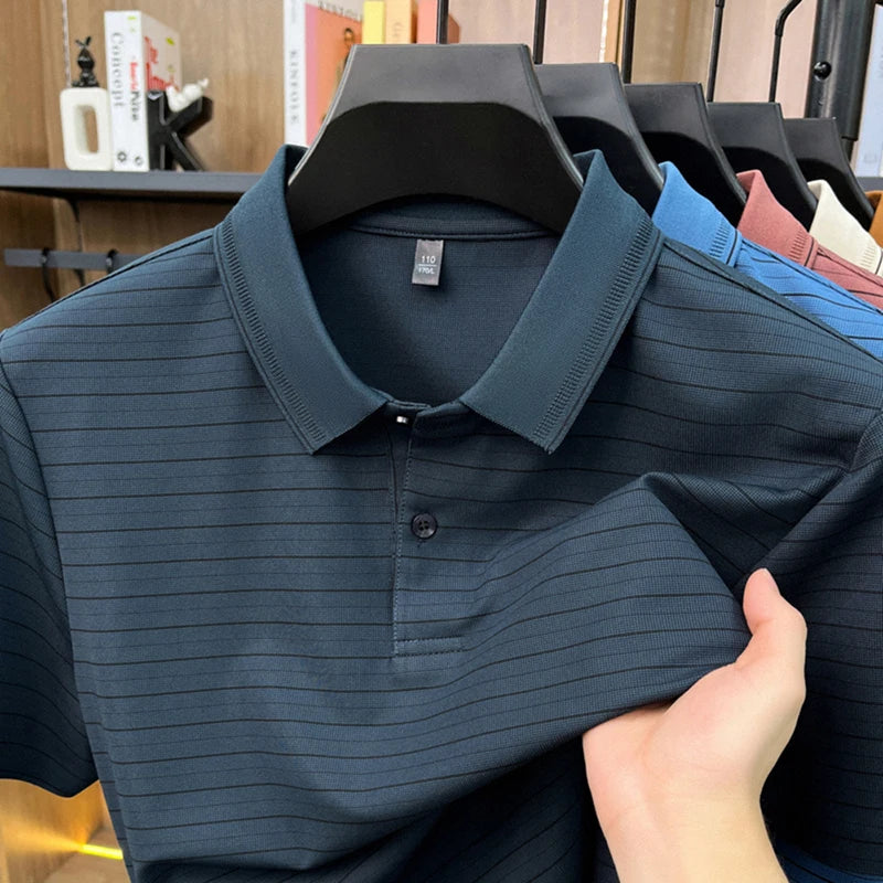 Personalized striped short sleeve polo shirt men's fashion summer new breathable comfort high-quality business casual T-shirt