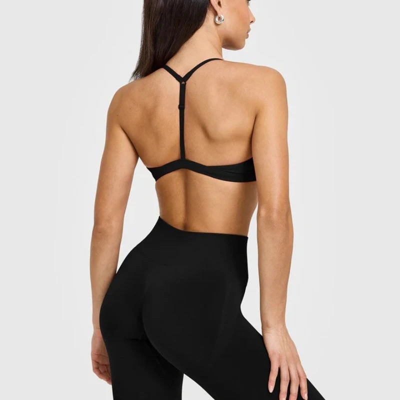 VEQKING Easy Lift Women Sports Bras Ultra Minimal Yoga Crop Tops V Neck Gym Fitness Bras Adjustable Straps Padded Workout Tops - ATFH