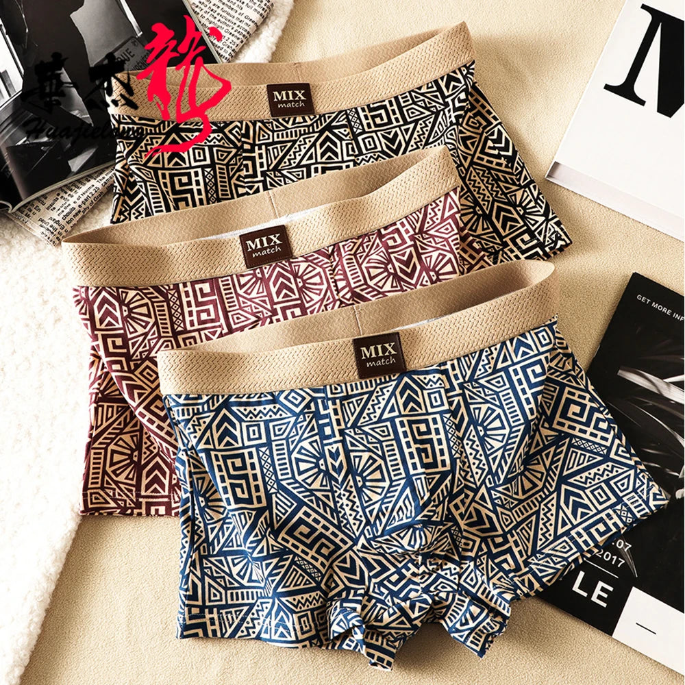 3PCS/Pack Soft 100% Cotton Vintage Print Men's Underpants Breathable Comfort Mesh Crotch Boxer Men High Elastic Waist Panties