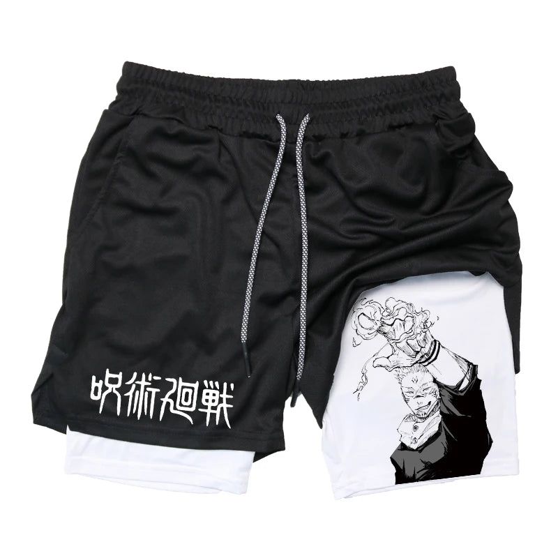 Anime Graphic 2 in 1 Compression Shorts for Men GymQuick Dry Activewear Workout Running with Phone Pockets Athletic