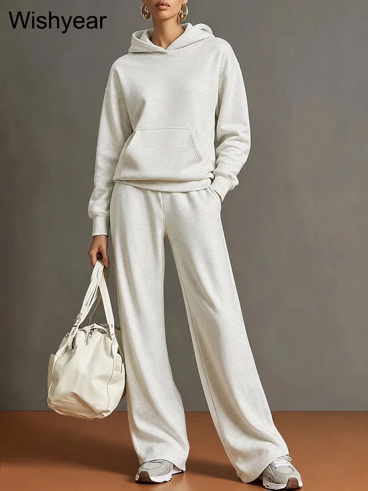 Gray Women’s Cozy Hoodie Set Long Sleeve Hooded Top Wide Leg Pants Casual Sporty Street Travel Fall Winter Two Piece Outfit