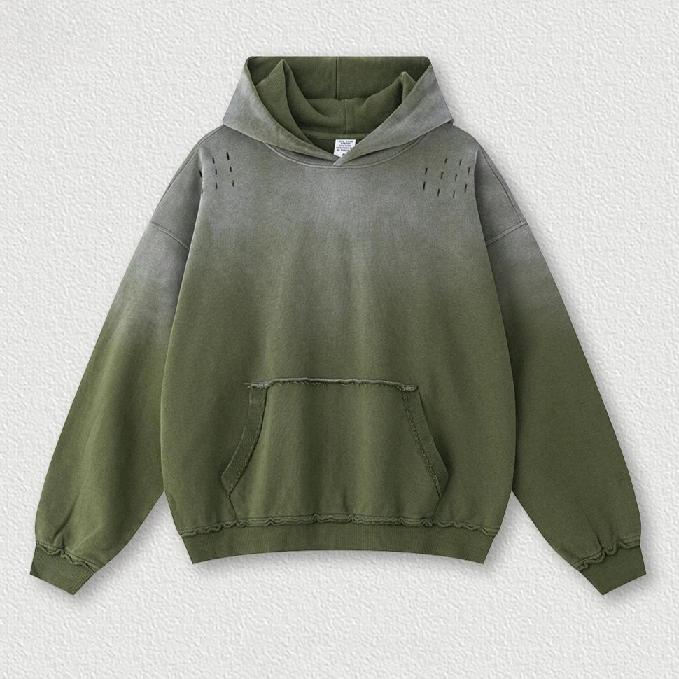 Custom LOGO men's 2025 autumn 370G heavy 100% cotton gradual change hole hooded sweater straight trousers set - ATFH