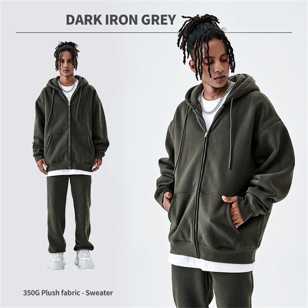 ZODF Basic Winter Men Fleece Zipper Hoodies Unisex Casual Loose 350gsm Warm Solid Hooded Sweatshirts Coats 18 Colors HY0726 - ATFH
