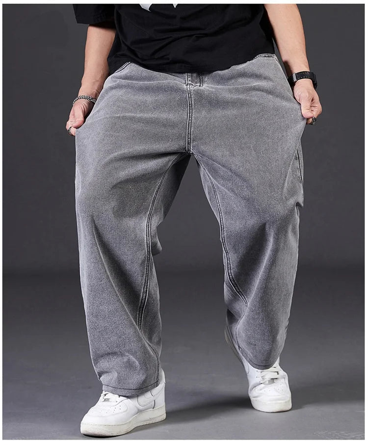 Men's Plus Size Jeans with Elastic Waistband Denim Trousers Male Straight Tube Breathable Loose Street Wear Casual Pants ATFH