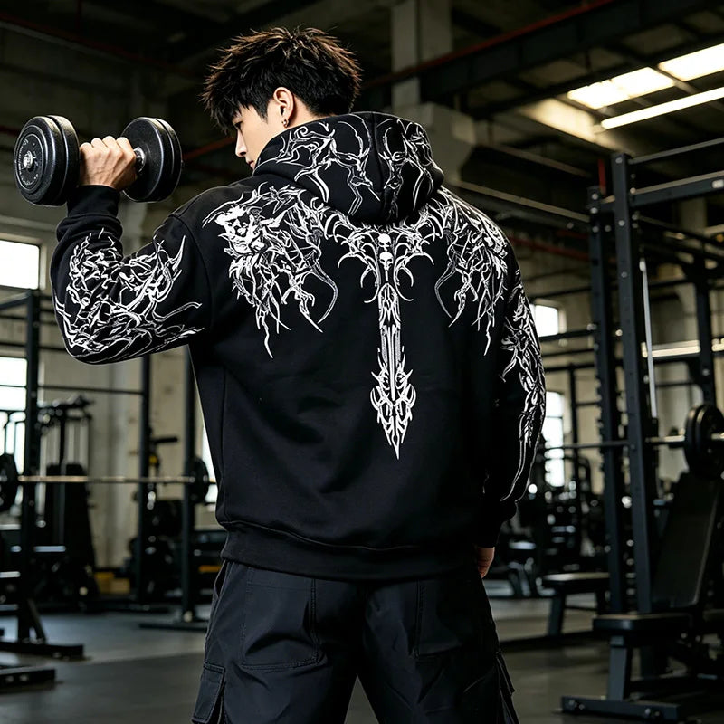 Men Gothic Punk Letter Print Hoodie Y2K Hip Hop Streetwear Pullover Sweatshirt Dark Pattern Casual Hooded Tops With Pocket