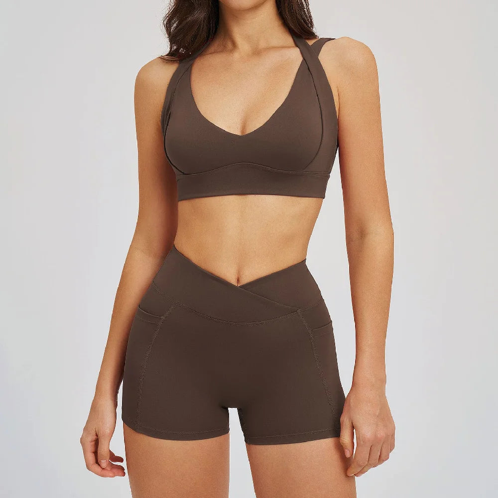 2PCS Yoga Shorts Set Women Tracksuits Gym Clothes Fitness Sports Suit Female Shockproof Bra High Waist Shorts Set Sportswear