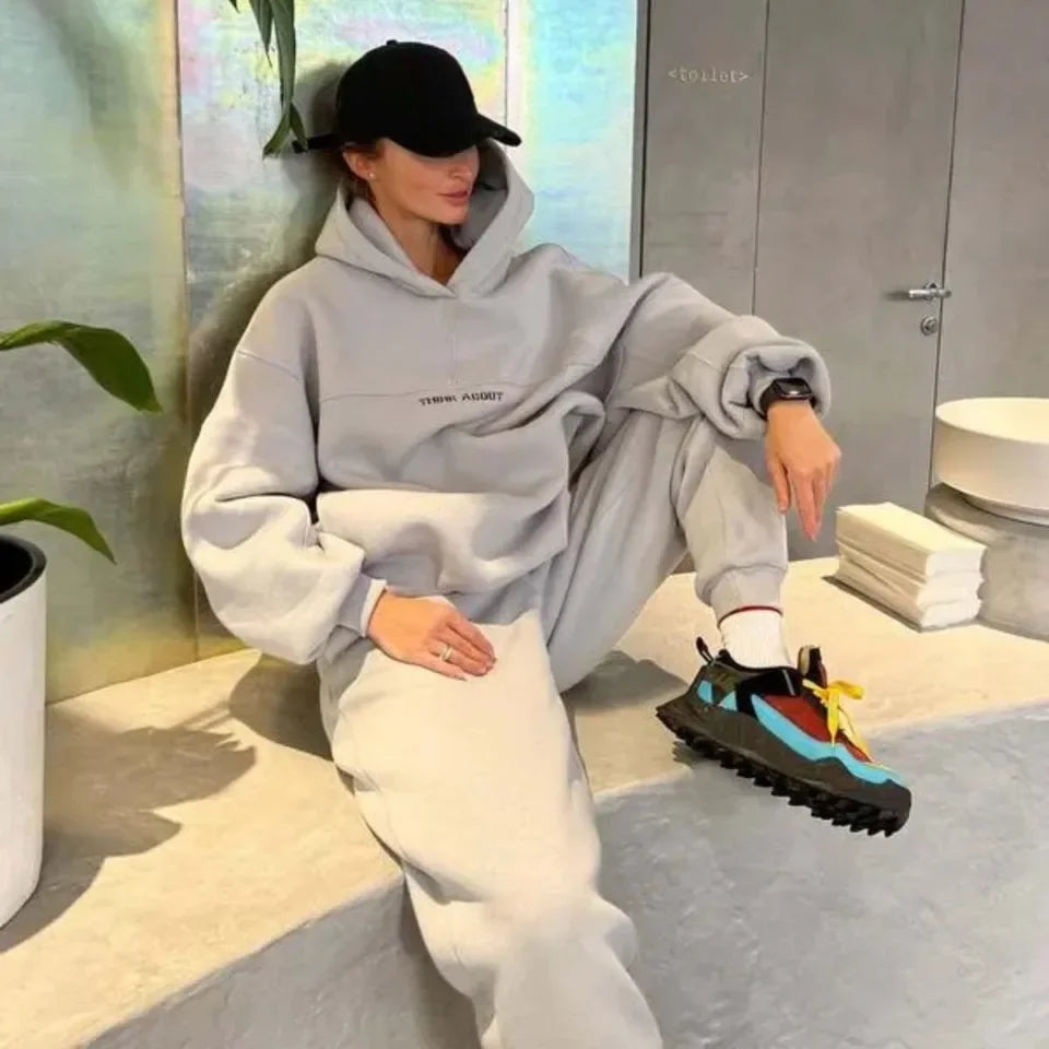 2026 Women's New Fashion Trend Solid Color Hooded Printed Sweatshirt Sports Casual Comfortable Loose Long-sleeved Women's Suit