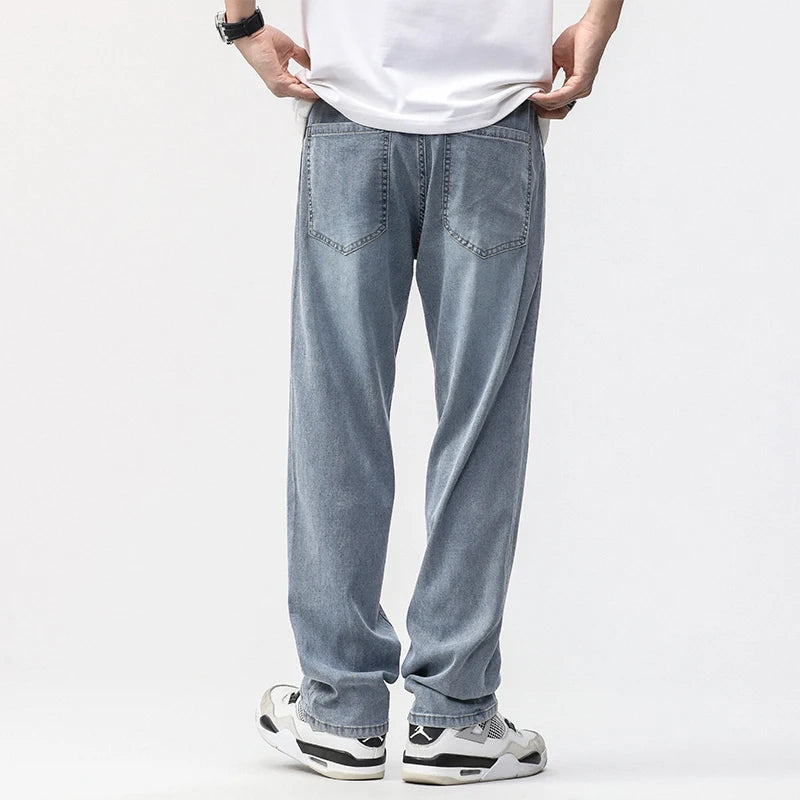190cm Tall Man Jean Lyocell Wide Leg Denim Pant Male Extra Long Length 115cm 120cm Summer Big Clothes Light Stretch Straight Fit ATFH