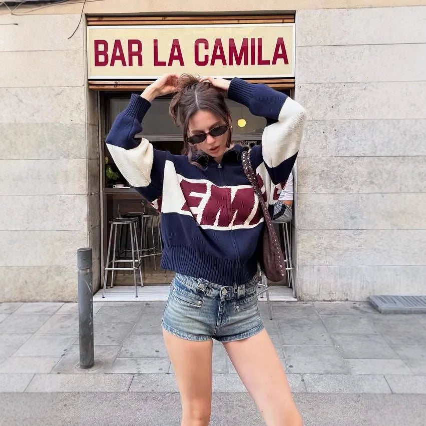 Zekye Knitted sweater with letter pattern, long sleeved high street loose sweater, European and American spicy girl style - ATFH