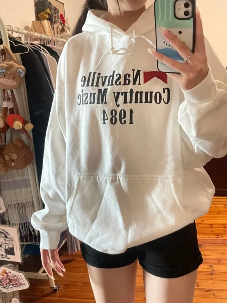 Autumn Letter Print Loose Drawstring Hoodies Women New Casual Pocket Streetwear Cotton Pullover Top Sweet Cute Sweatshirts OOTDS - ATFH